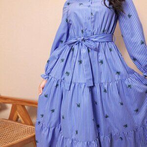 Modest blue maxi dress striped embroidered long dress